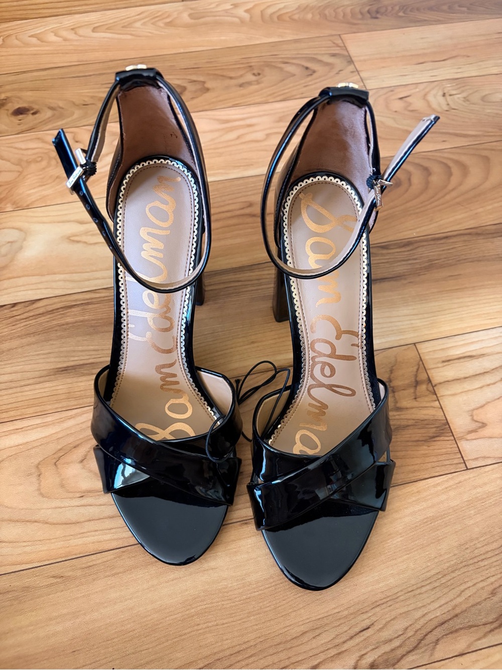 Sam Edelman Black Patent Ankle-Strap Heels